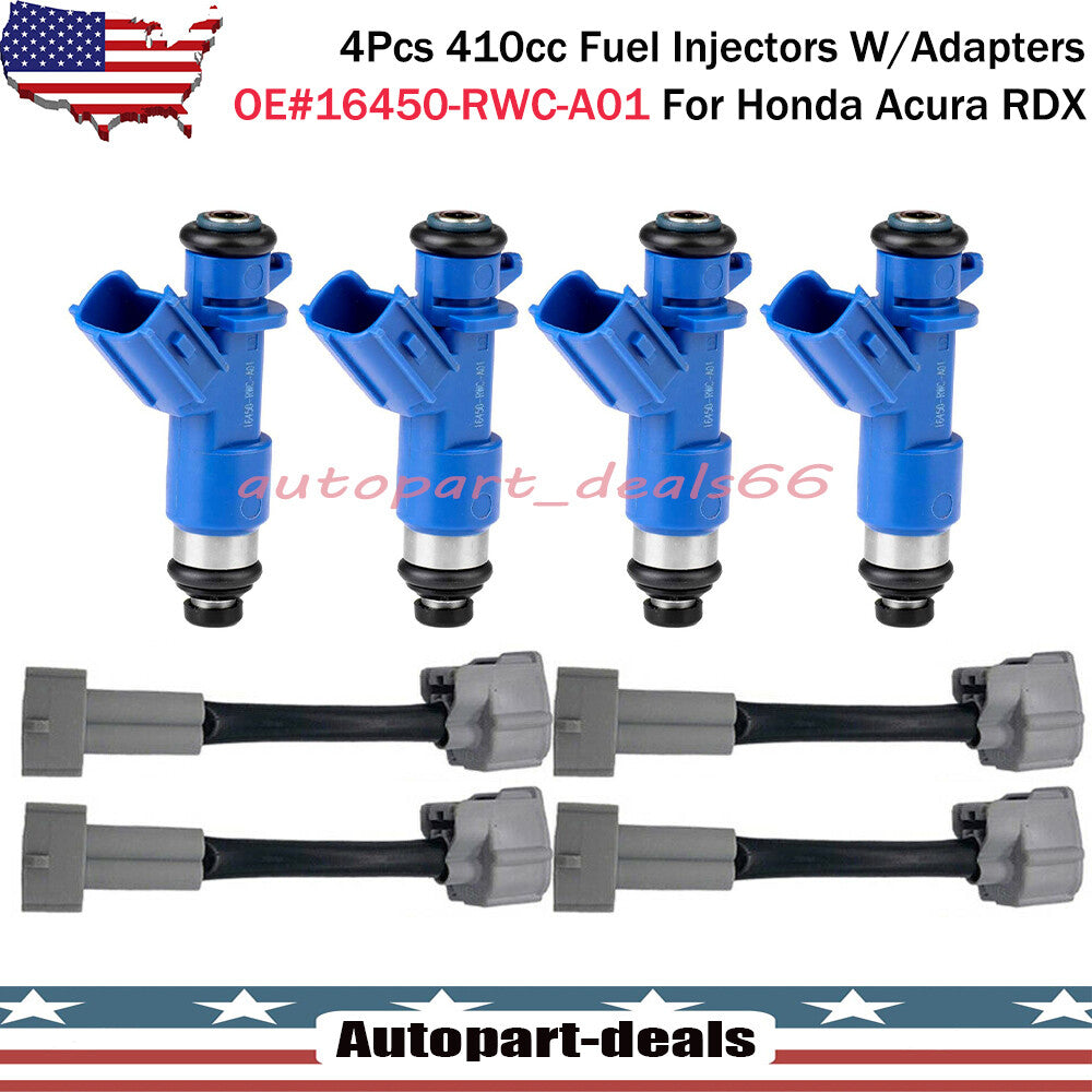 4Pcs 410cc Fuel Injectors w/PlugPlay Adapters for Honda for Acura for RDX 16450-RWC-A01