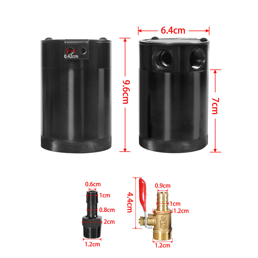 Black Oil Catch Can Baffled 2Port Oil Catch Tank Reservoir Drain Valve Universal