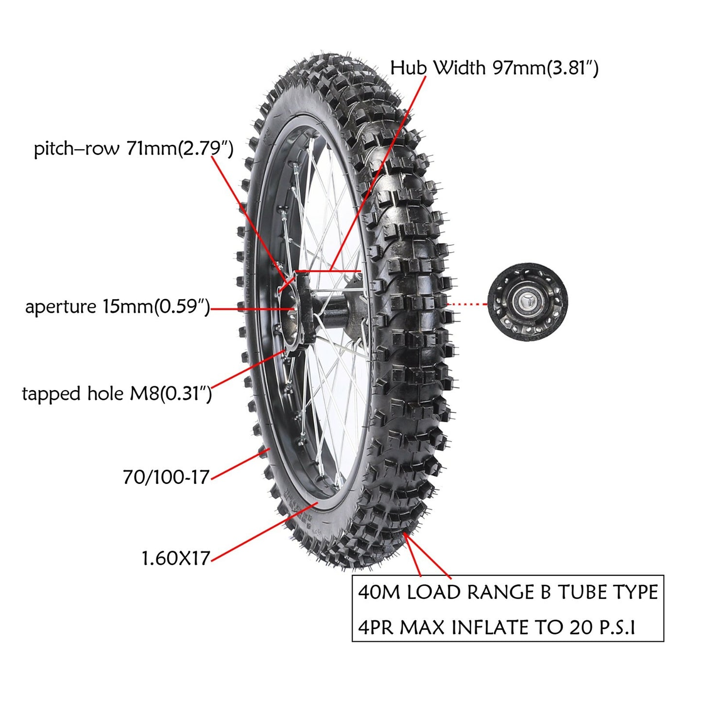 17-inch wheels, 70/100-17 + 45/48 mm fork, shock absorber, disc brakes, dirt pit bicycle razor.