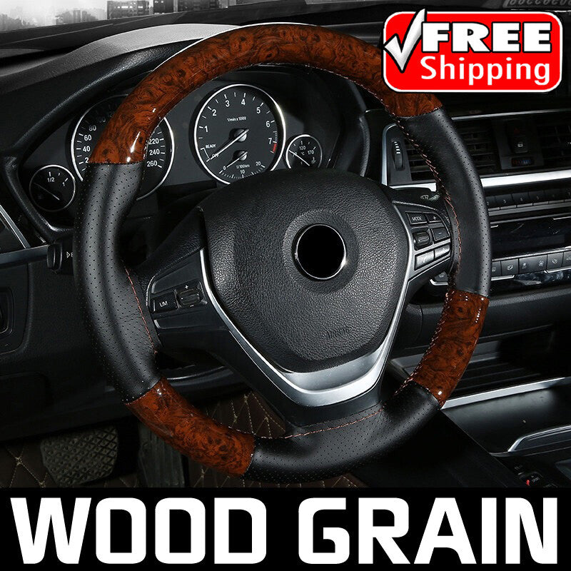 Leather Wood Grain Car Steering Wheel Cover W/ Needles Hand-Stitching 15 inch US