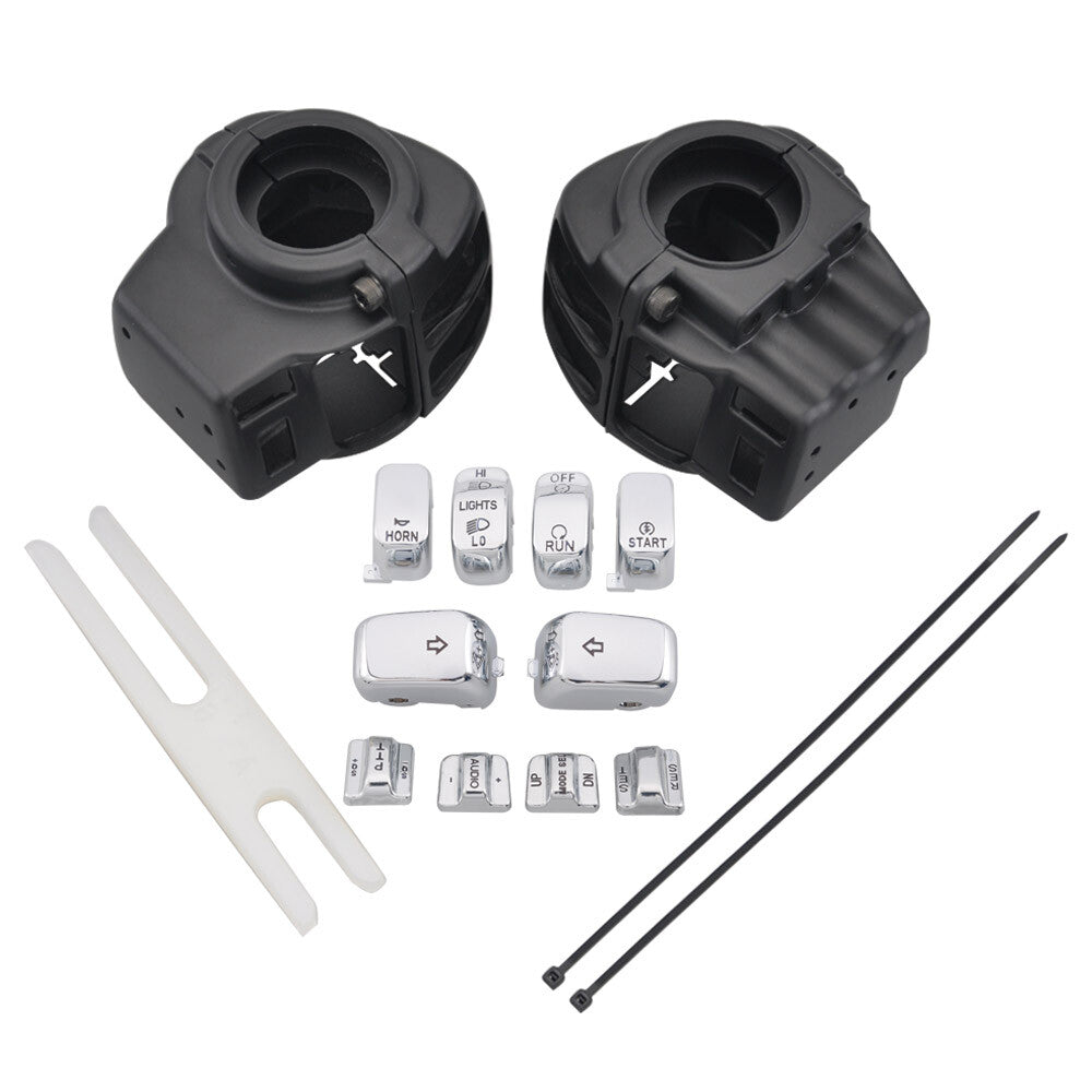 Black Switch Housing Cover +Chrome 10Pcs Buttons Caps for Harley Touring 96-13