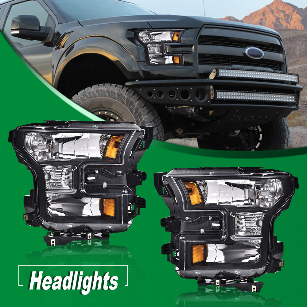Black-cased corner headlights and clear headlights suitable for 2015-2017 for Ford F-150s.
