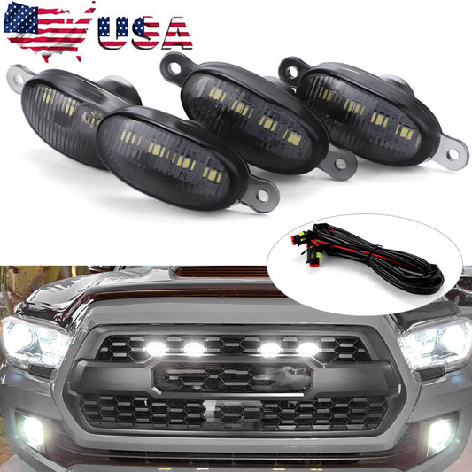4X Front Grille Grill Running Lights Smoke for Ford F-150 Style White LED