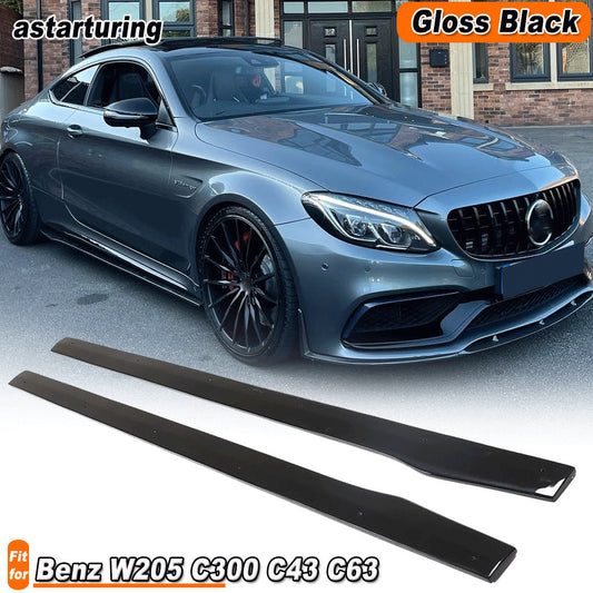 for Mercedes-Benz W205 C300 C43 C63 Gloss Black Side Skirts Extension Lip Panel