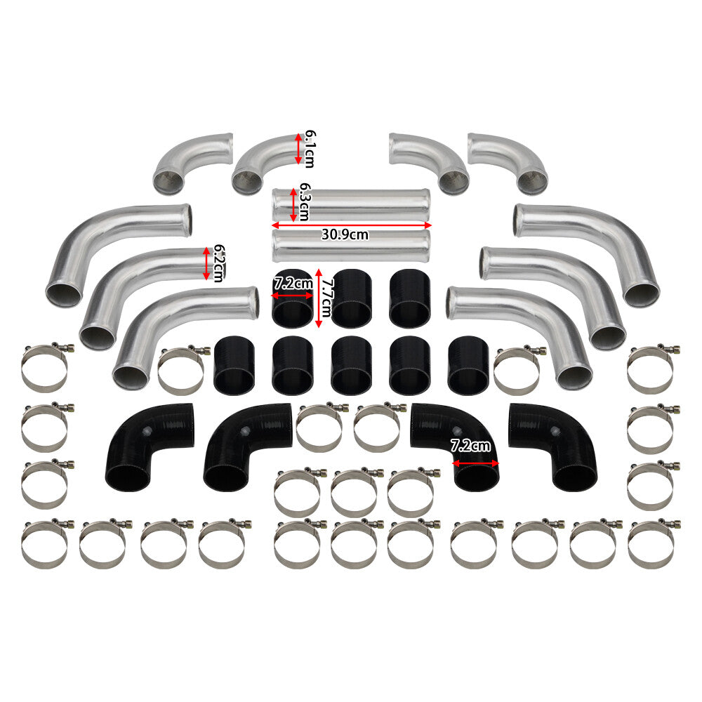 12Pcs 2.5 Polished Intercooler Black Piping Silicone Coupler Bolt Clamp Kit