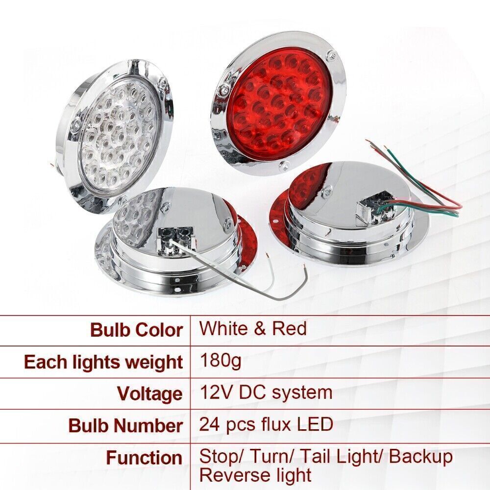 4 LED Round Stop Turn Tail Backup Reverse Truck Trailer Lights 8Red + 4White