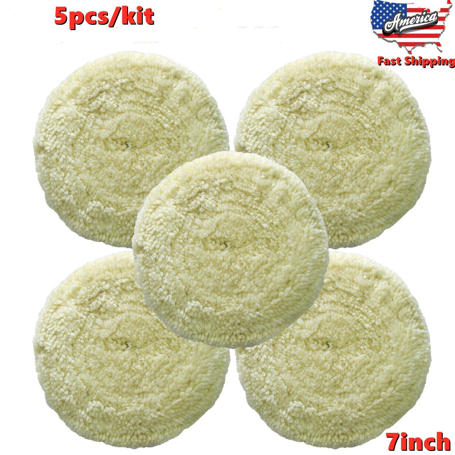 Polishing Pad Set 7-inch 100% Natural Wool Hook and Loop Polishing