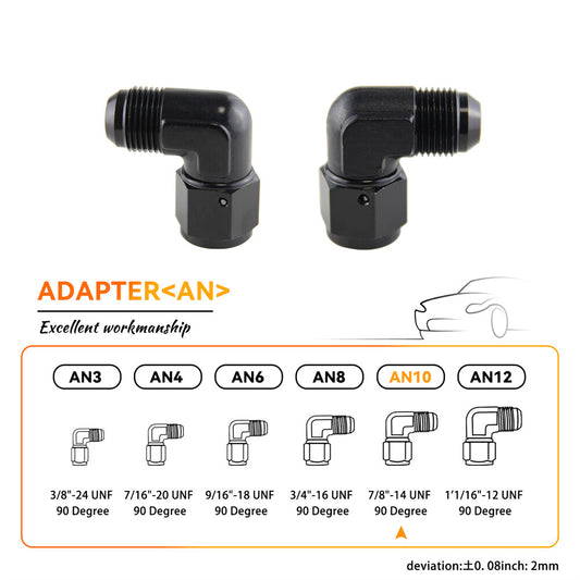 2PCS AN10 Female to 10AN Male 90 Degree Flare Swivel Hose Fitting Adapter Black