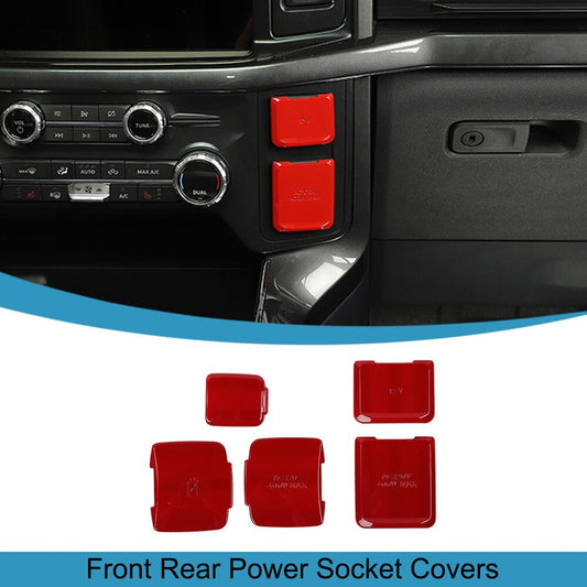 5PCS Red Front Rear Power/USB Socket Cover Trim for Ford F150 2021 2022 2023