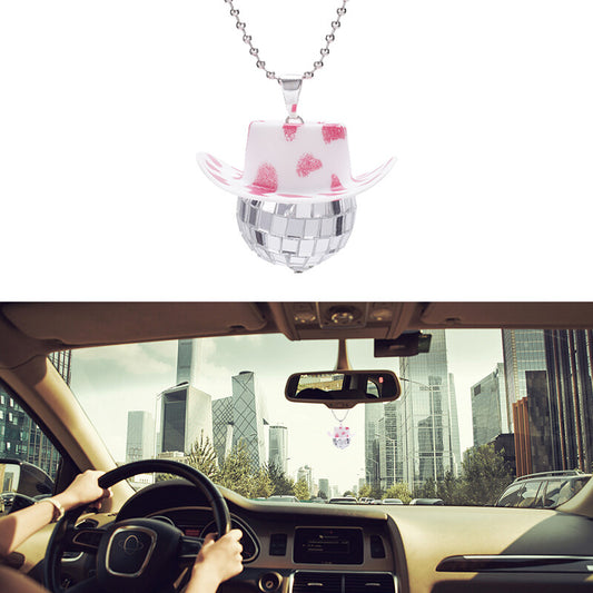 Cowboy Hat Disco Ball Car Ornamen Shiny Rearview Mirror Hanging Acessory Cow Red