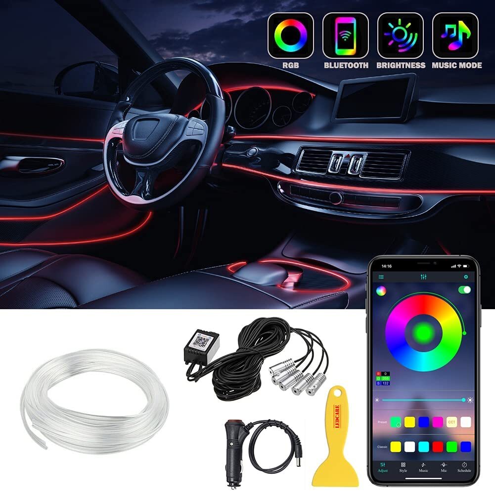 6M RGB LED Car Interior Fiber Optic Neon EL Wire Strip Atmosphere Light Kit APP