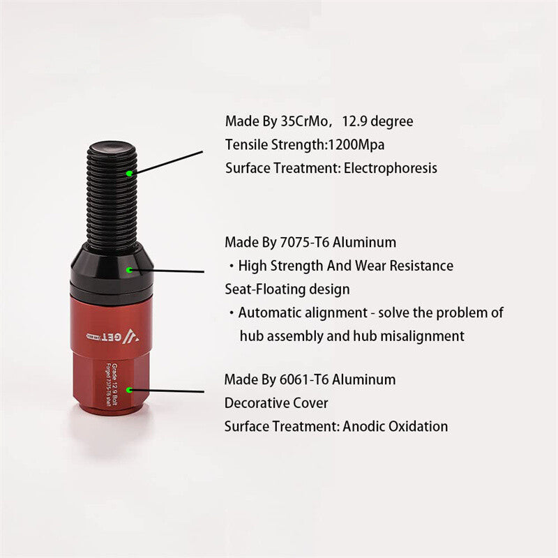 20-piece set of red M14x1.25 wheel lug bolts, 28mm shank, tapered for seat forged lugs for BMW
