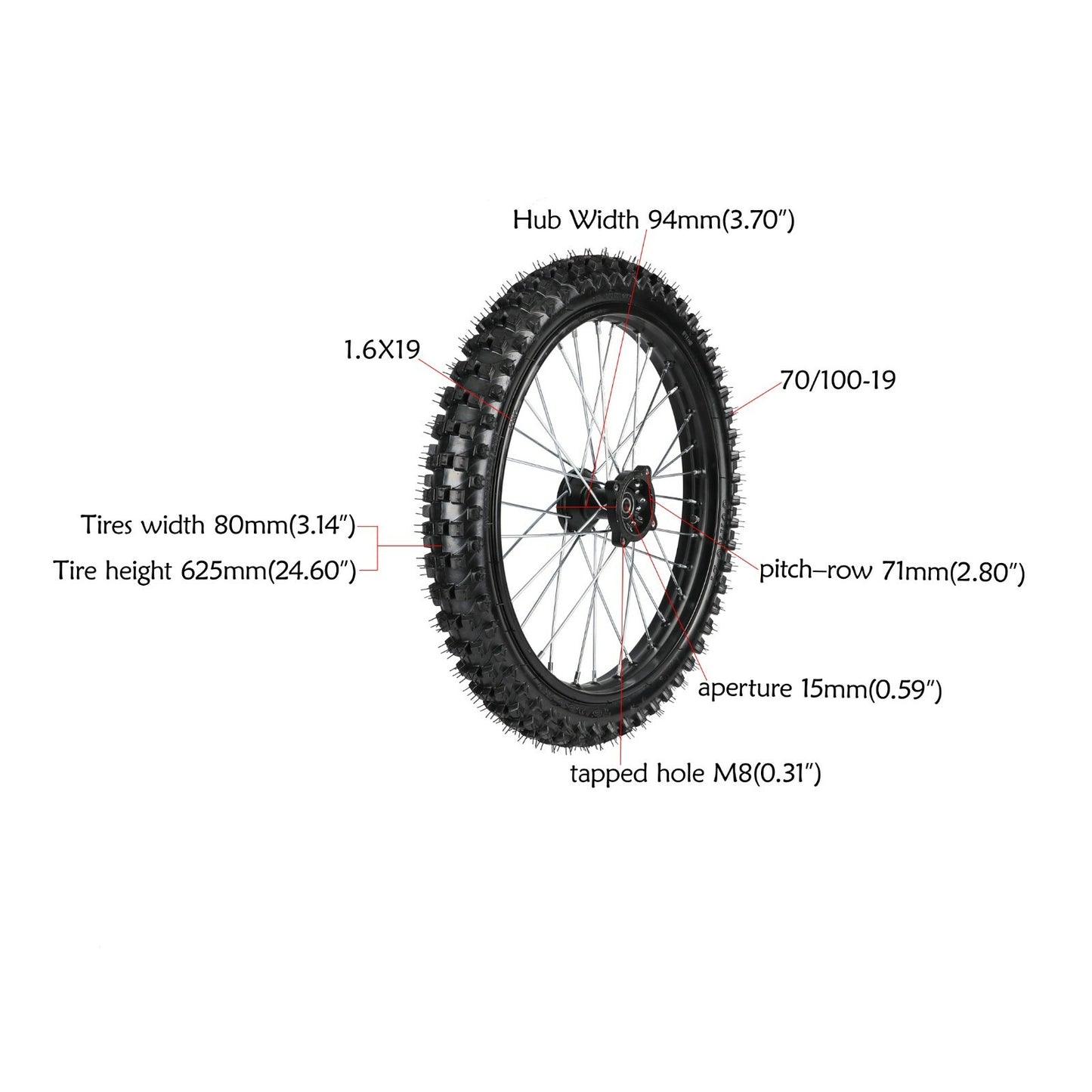 Front 70/100-19 + Rear 90/100-16 tires and rims suitable for Dirt Pit bicycle CR85RB