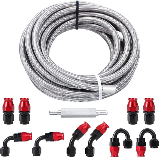AN6-6AN AN-6 3/8 Fittings PTFE Stainless Steel Braided Oil Fuel Hose Line 20 ft