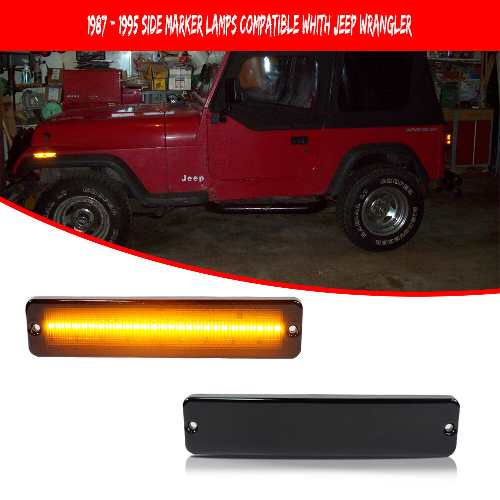 L+R Smoked Amber LED Front Bumper Side Marker Lights for 1987-1995 for Jeep Wranglers