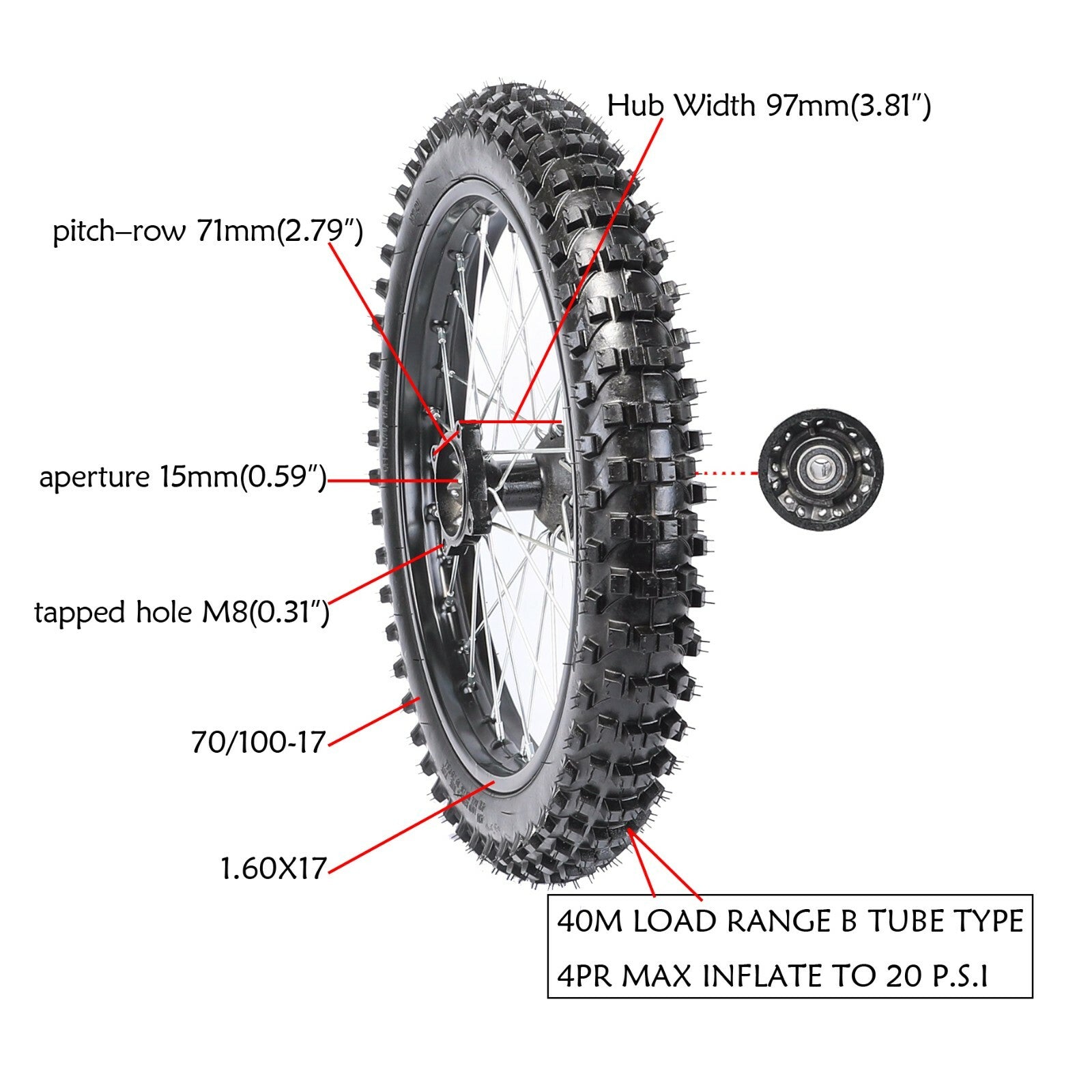 17-inch front wheel, 70/100-17 tire, rim assembly, dirt pit bicycle, Taodao SSR 125cc, 15mm