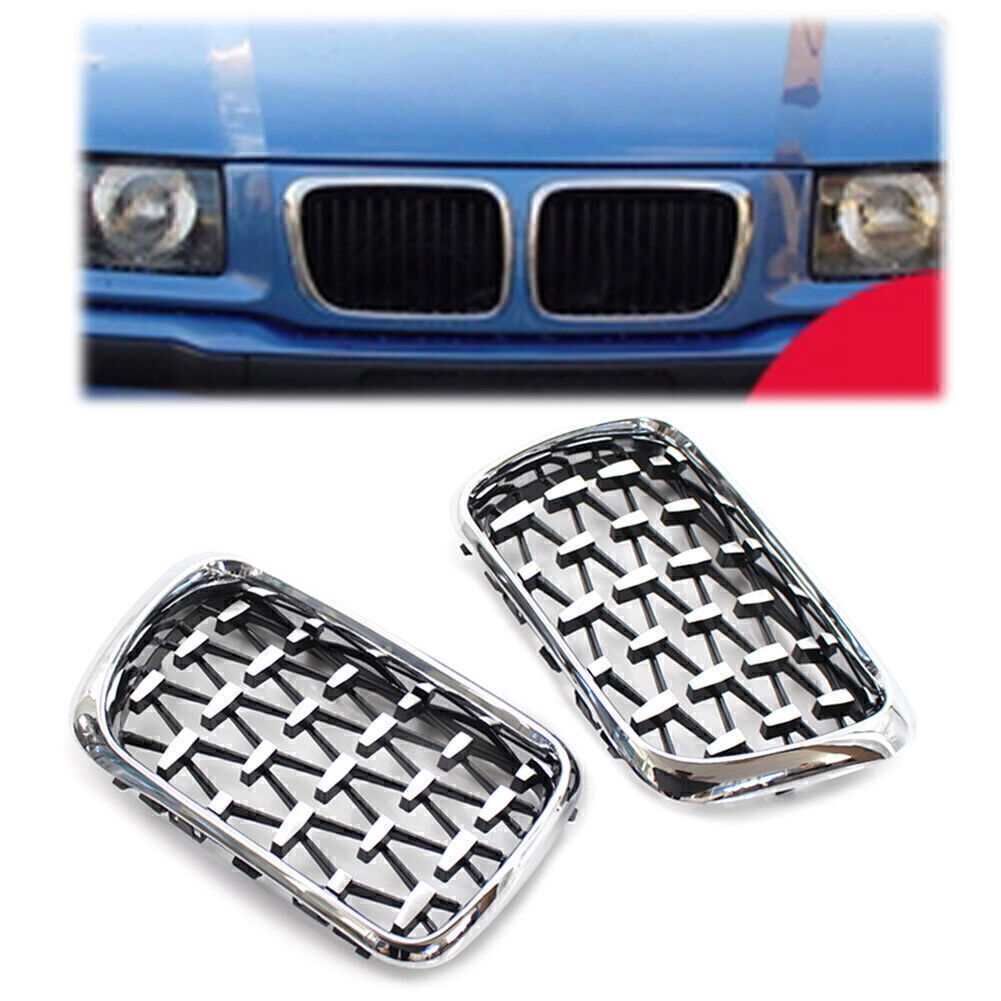 2x Front Grille Diamond Meteor Style Chrome Grill Fit for BMW 3 Series E36 1997-1999