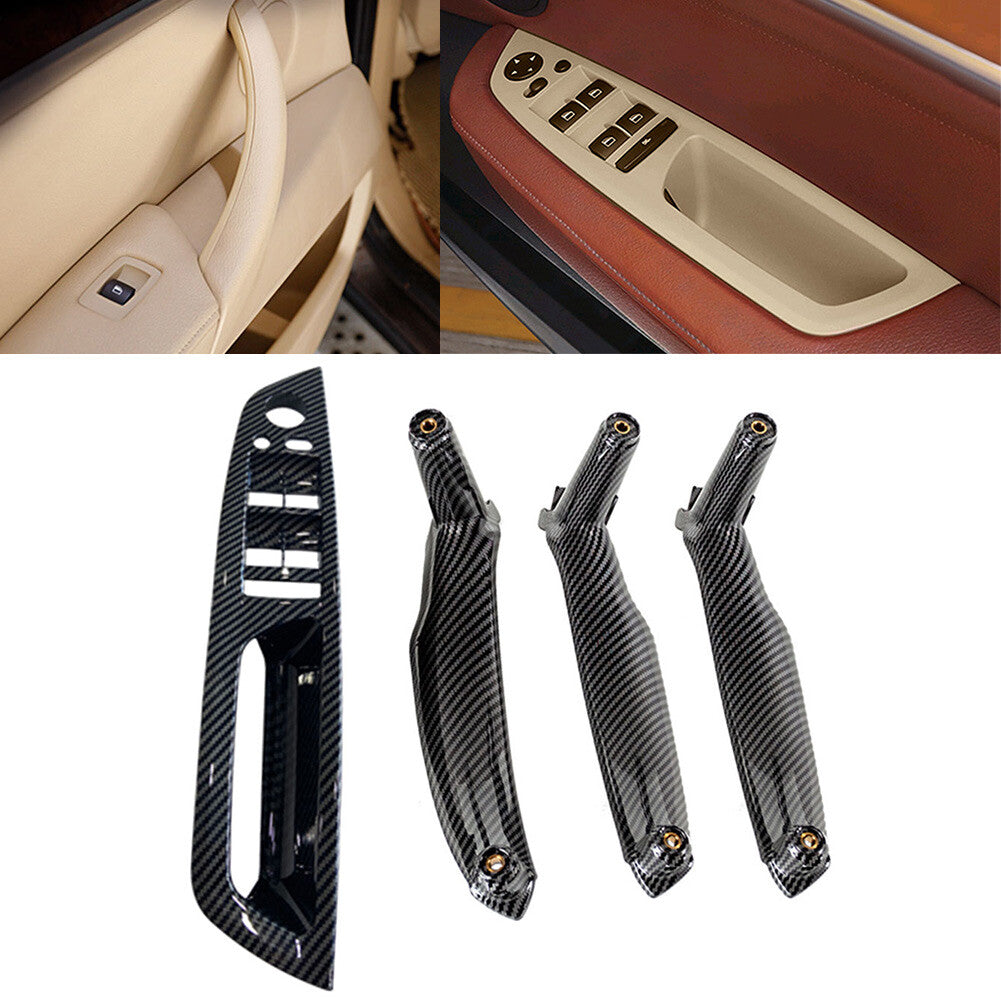 4x Inner Door Pull Handle Trim Cover RHD Fit for BMW X5 E70 X6 E71 E72 Carbon Fiber