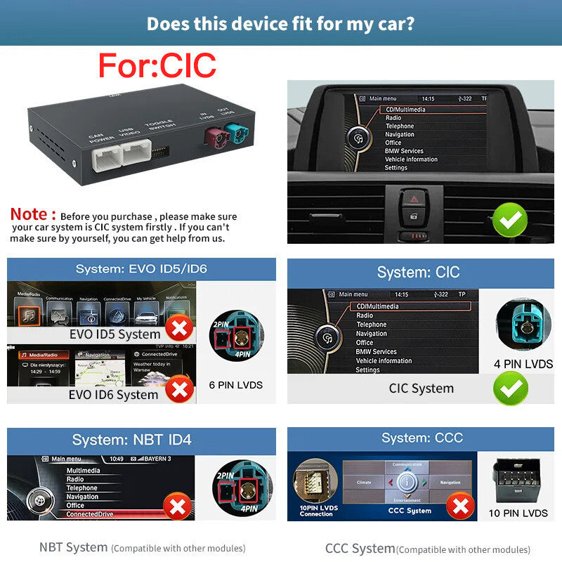 Compatible with for BMW CIC 1 2 3 4 5 series F10 X1 X3 F25 F26 F48 Wireless CarPlay Android Auto