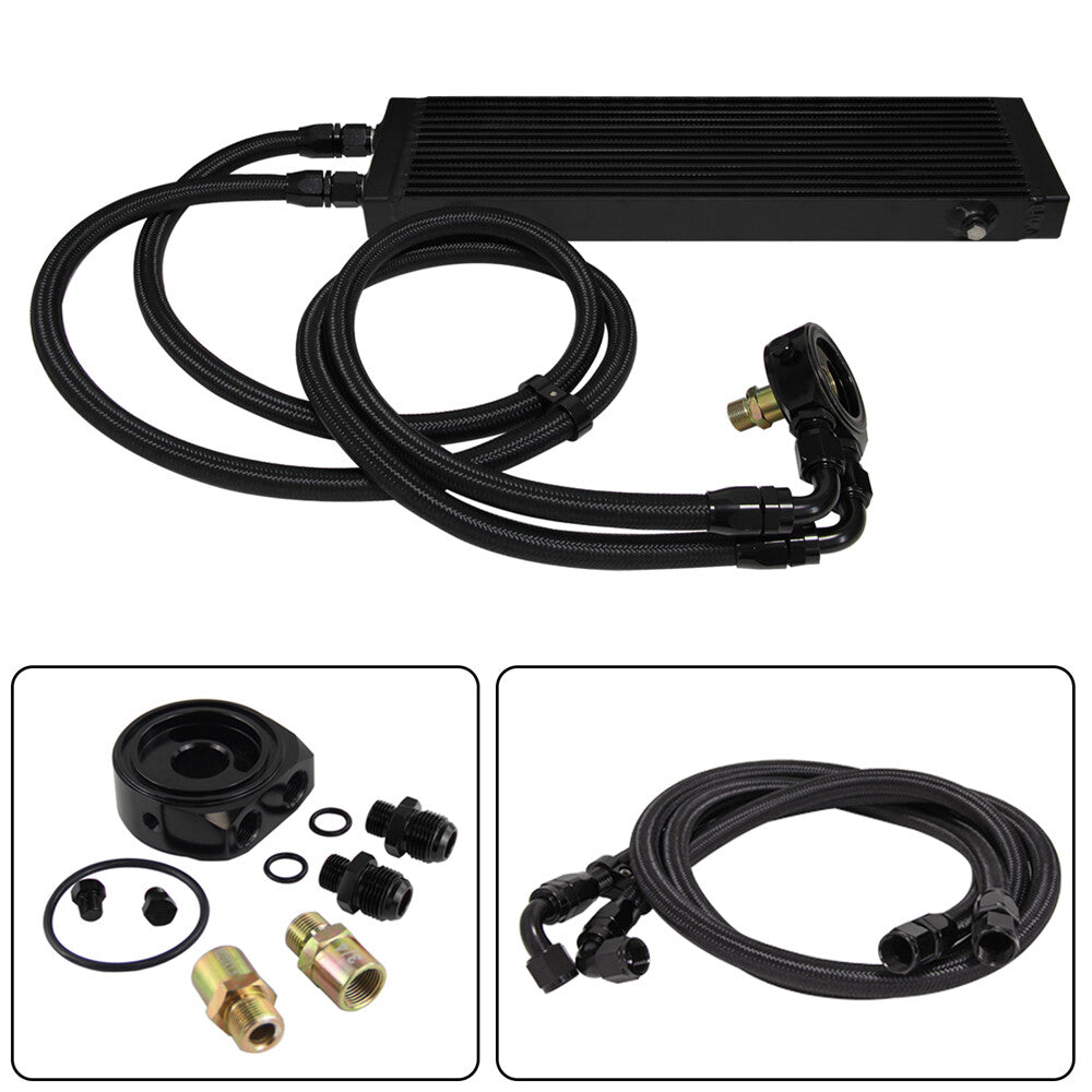 Universal Large Dual Pass Bar  Plate Oil Cooler + Flat Filter Adapter Hose Kit