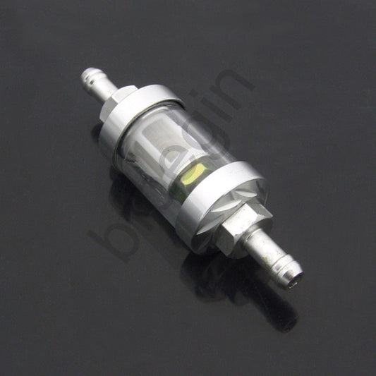 Chrome 5/16 inch 8 mm straight exhaust gas fuel filter, universal, reusable, washable for motorcycles.
