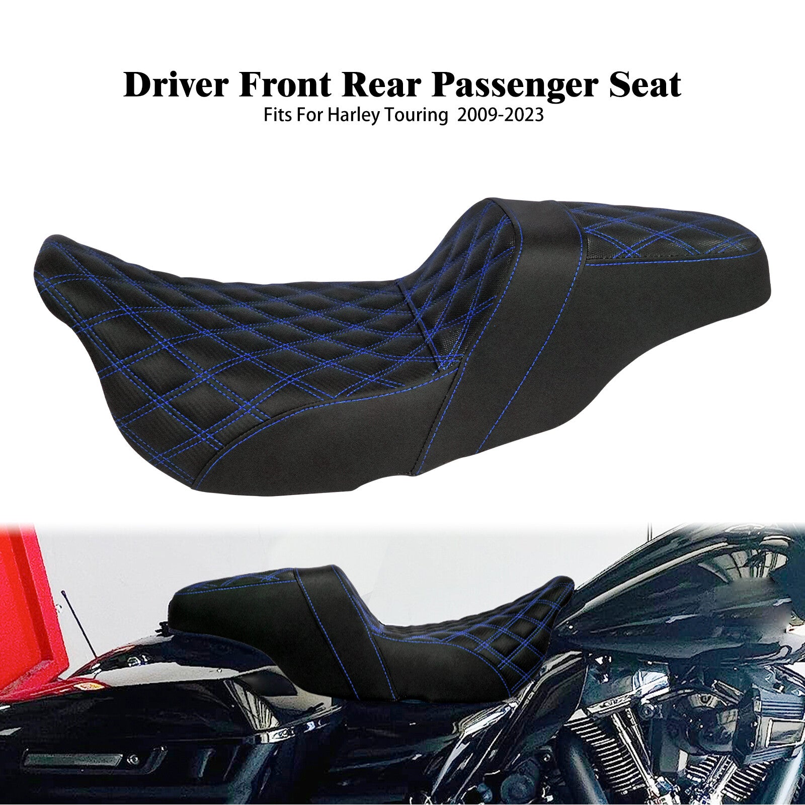Driver Passenger for Seat Blue Stitching for Harley Touring Road Street Glide 09-23