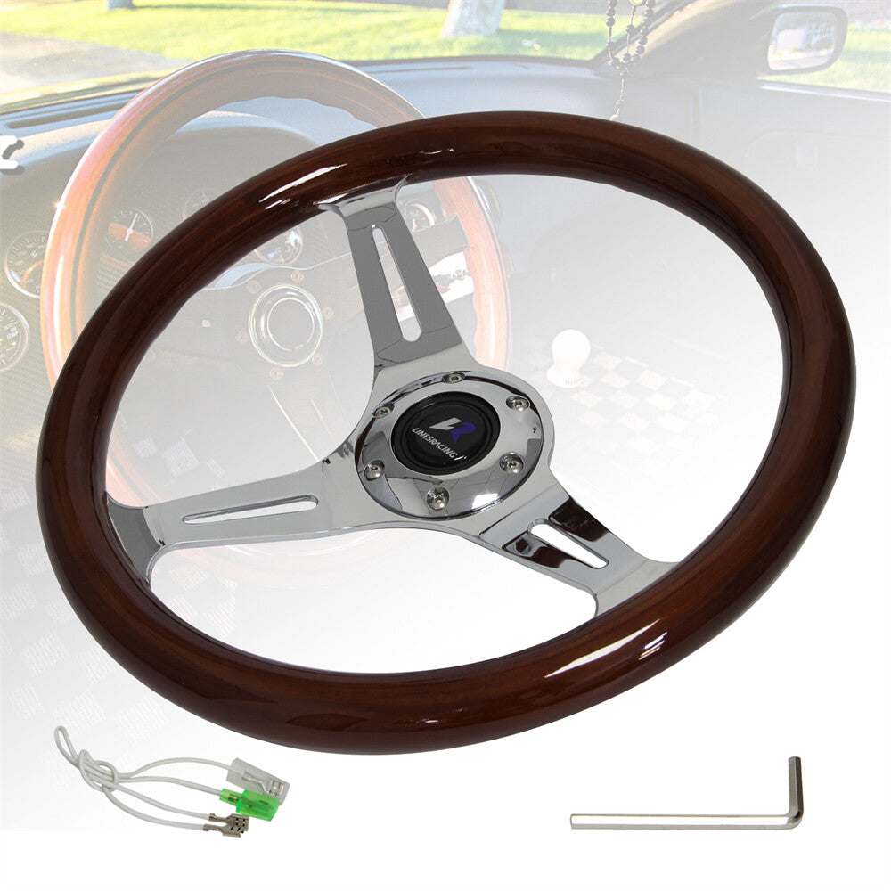 Universal 14 350mm Wood Grain Steering Wheel 6 Bolts 1.75 Dish 3-Spoke Wood