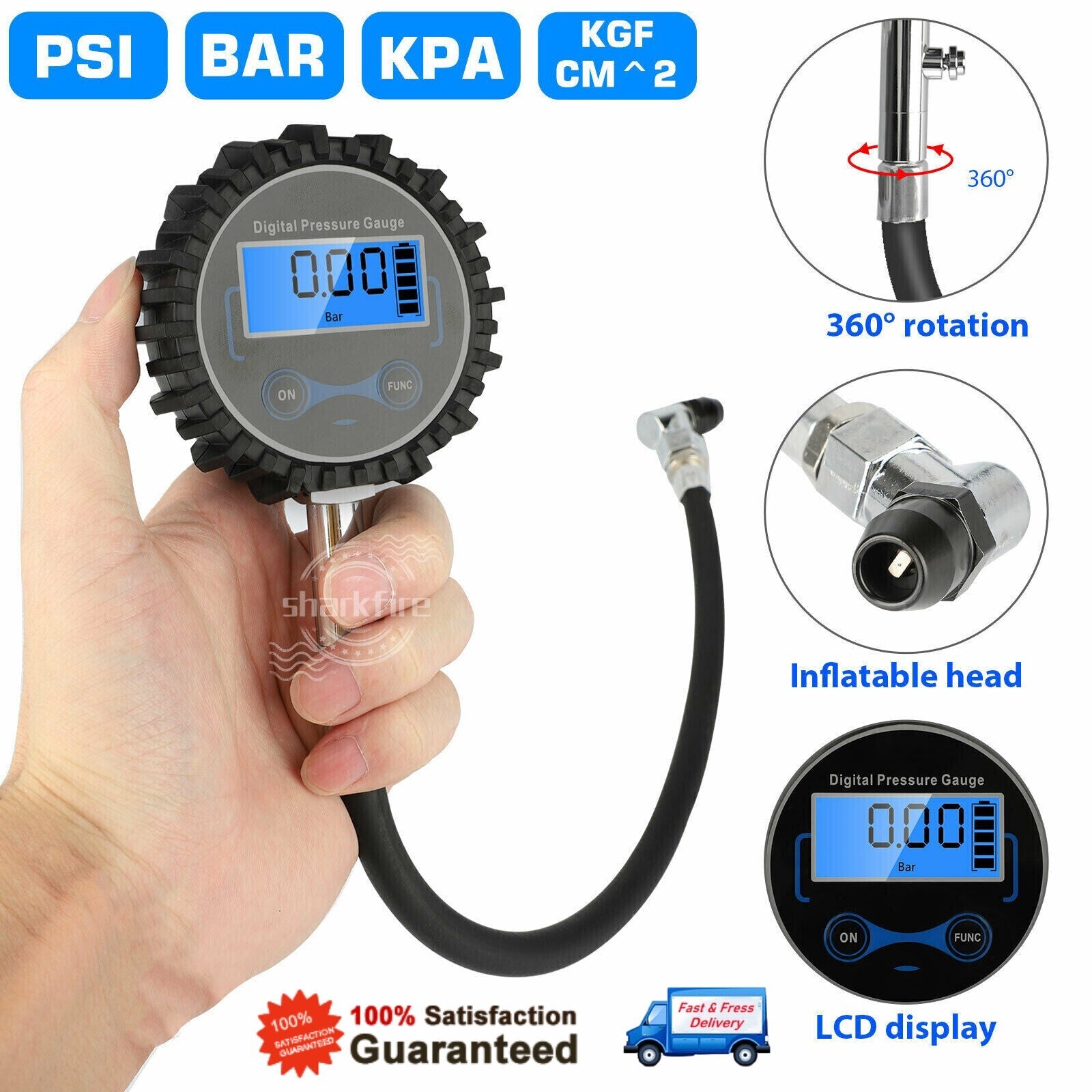 200PSI LCD Digital Tire Inflator Pressure Gauge Tester for Trucks, Cars, and Bicycles