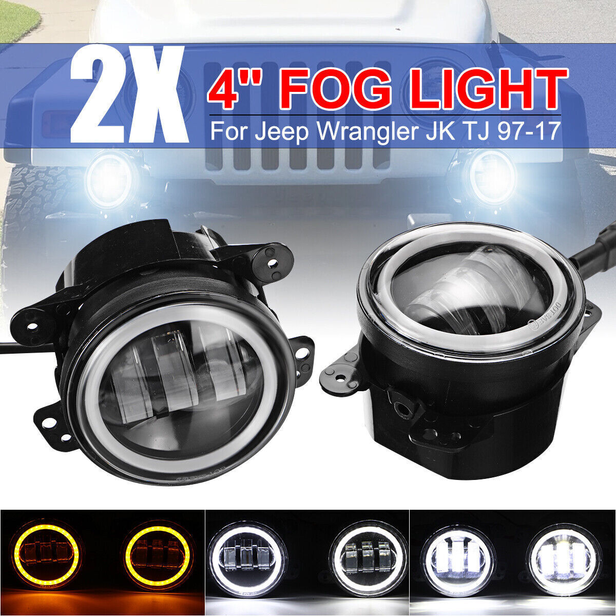 2x 4 Inch 30W LED Fog Lights Driving Lamps White DRL for Jeep for Wrangler JK