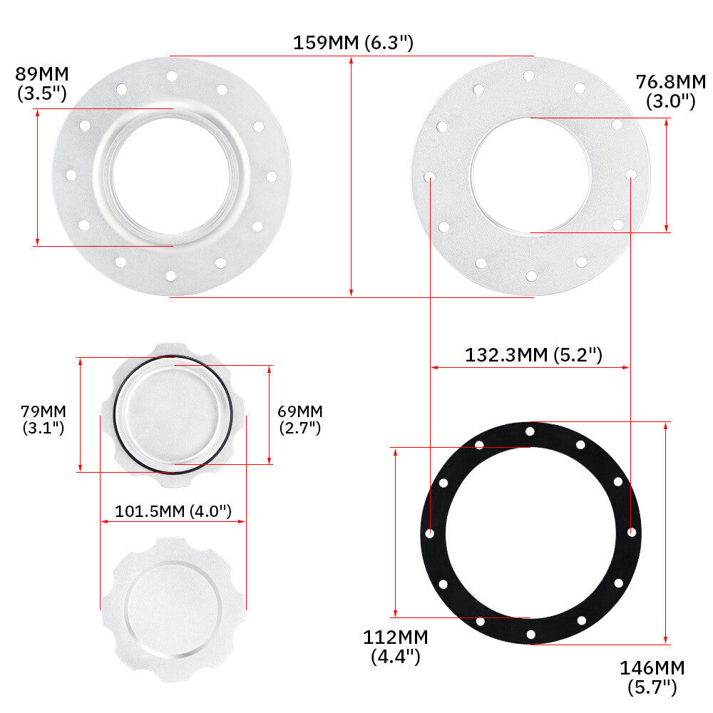 Aluminium Twist On Filler Neck Cap Billet Fuel Cell Flush Tank Cap Mount 12 Bolt