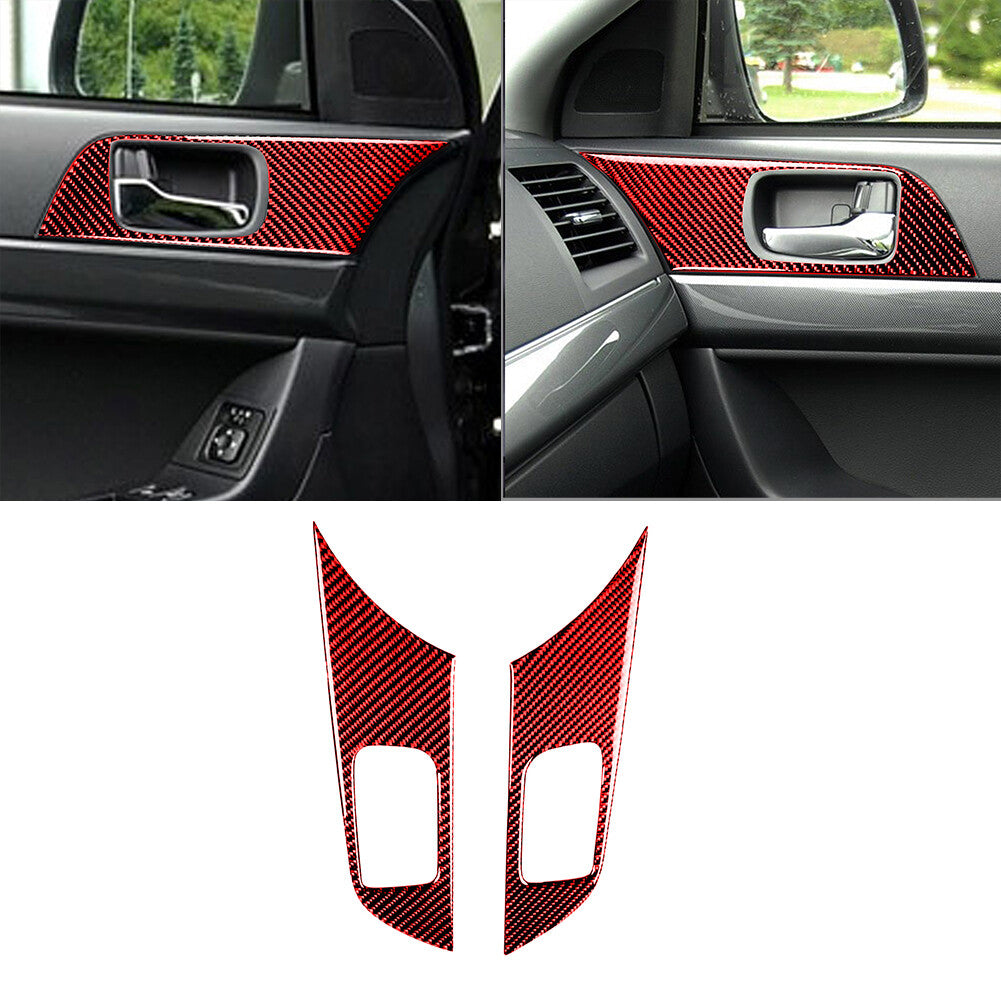 2-pack of red carbon fiber front door handle protectors for Mitsubishi Lancer (2008-15)
