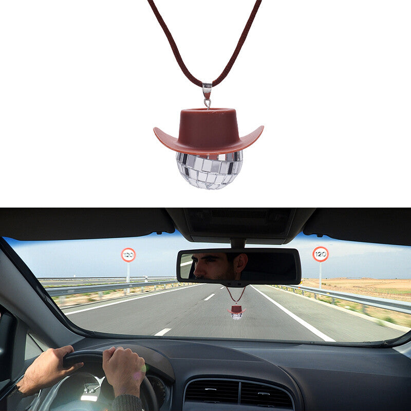 Cowboy Hat Disco Ball Car Ornamen Rearview Mirror Hanging Acessory Rope Brown
