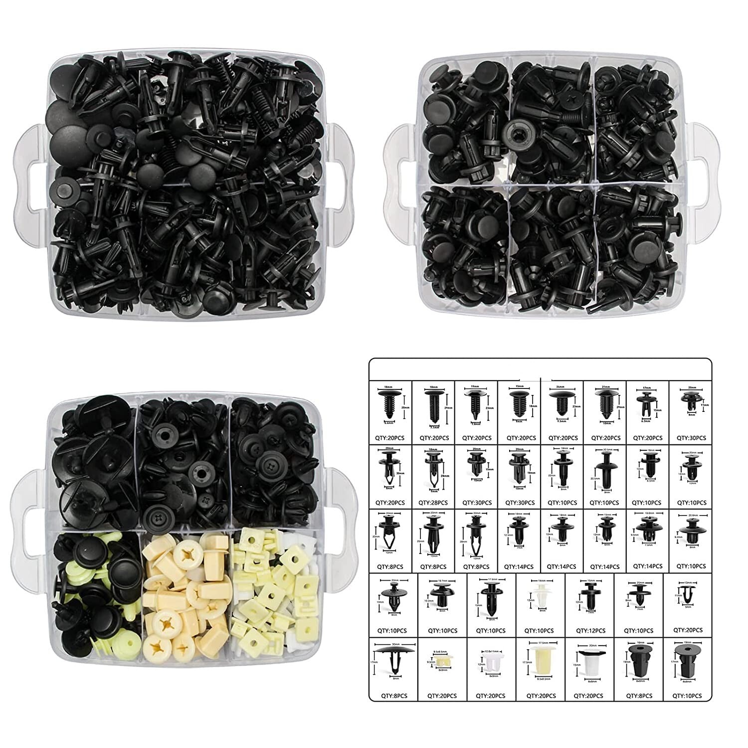 Car door panel trim clips - 38 most popular sizes, 637 pieces