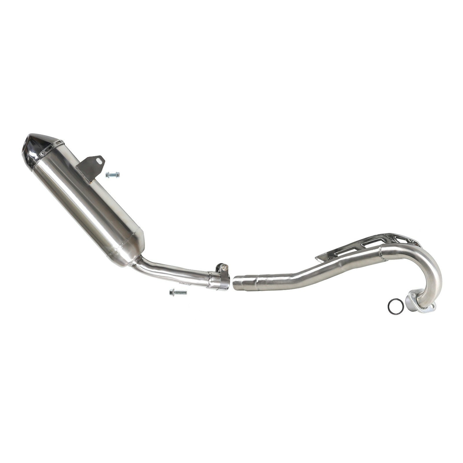 Motorcycle exhaust muffler kit for Apollo 150cc, 200cc, and 250cc Dirt Pit bicycles.