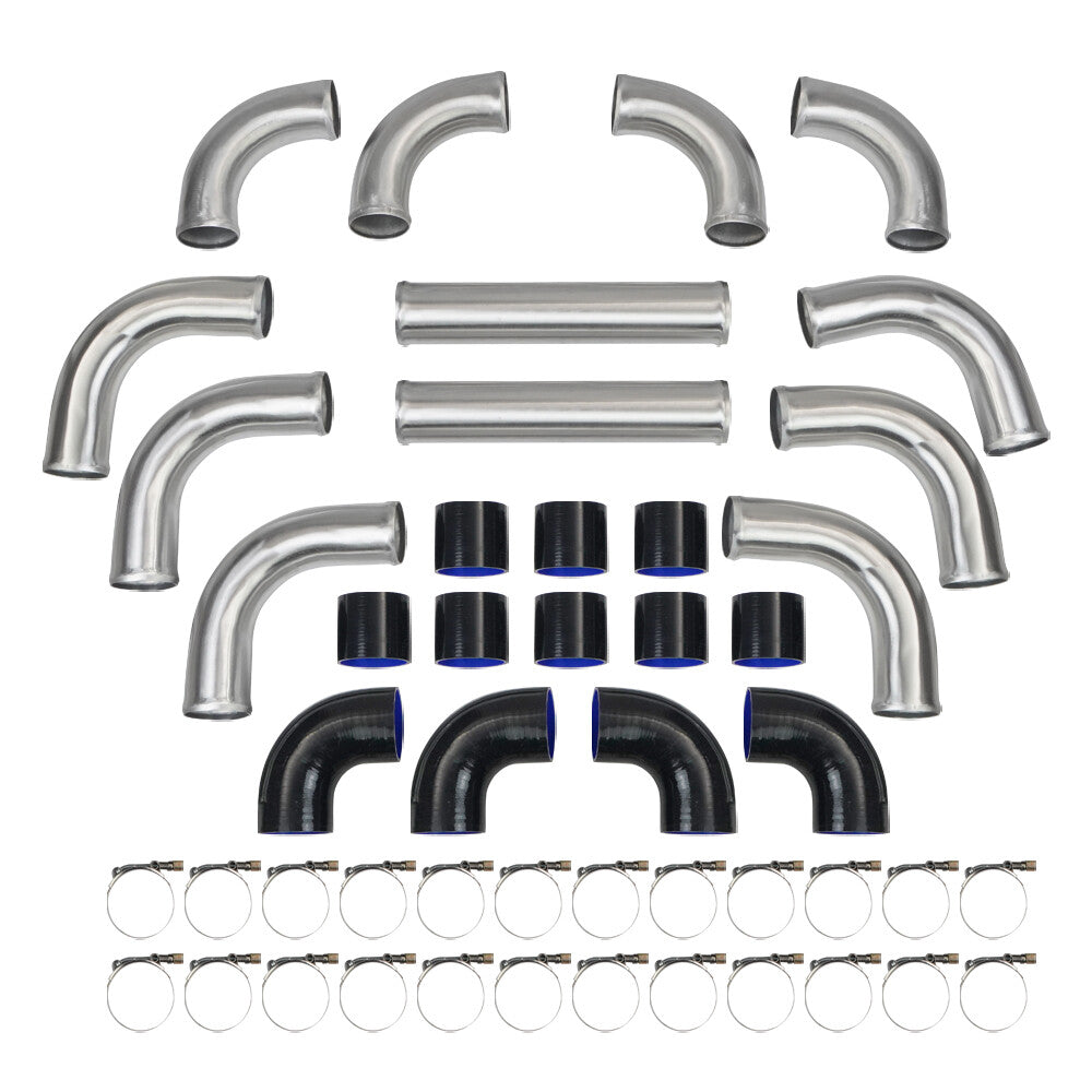 3 Intercooler Piping U-Pipe Kit Aluminum W/CouplerT-Clamps Universal Blk+Blue