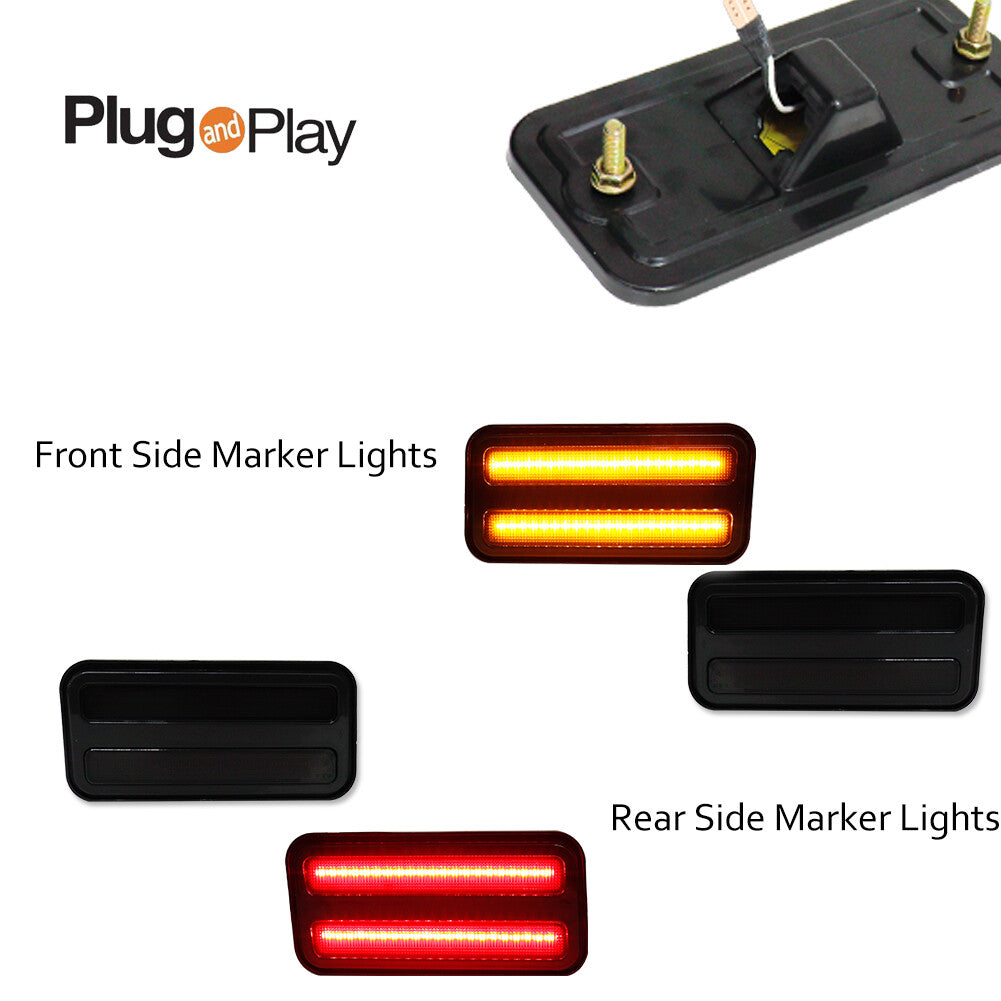 4-piece smoked LED front + rear side marker lights in amber red for Pontiac Firebird models 70-81.