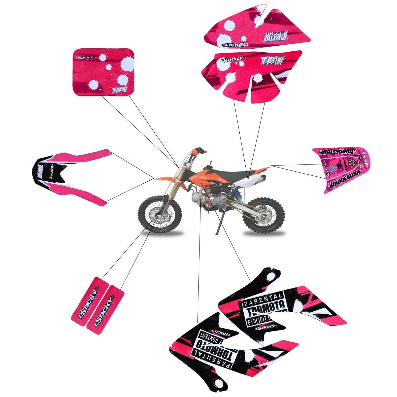 Pink graphic kit decals for Honda CRF 50 Atomik SSR 110 125cc Pitpro