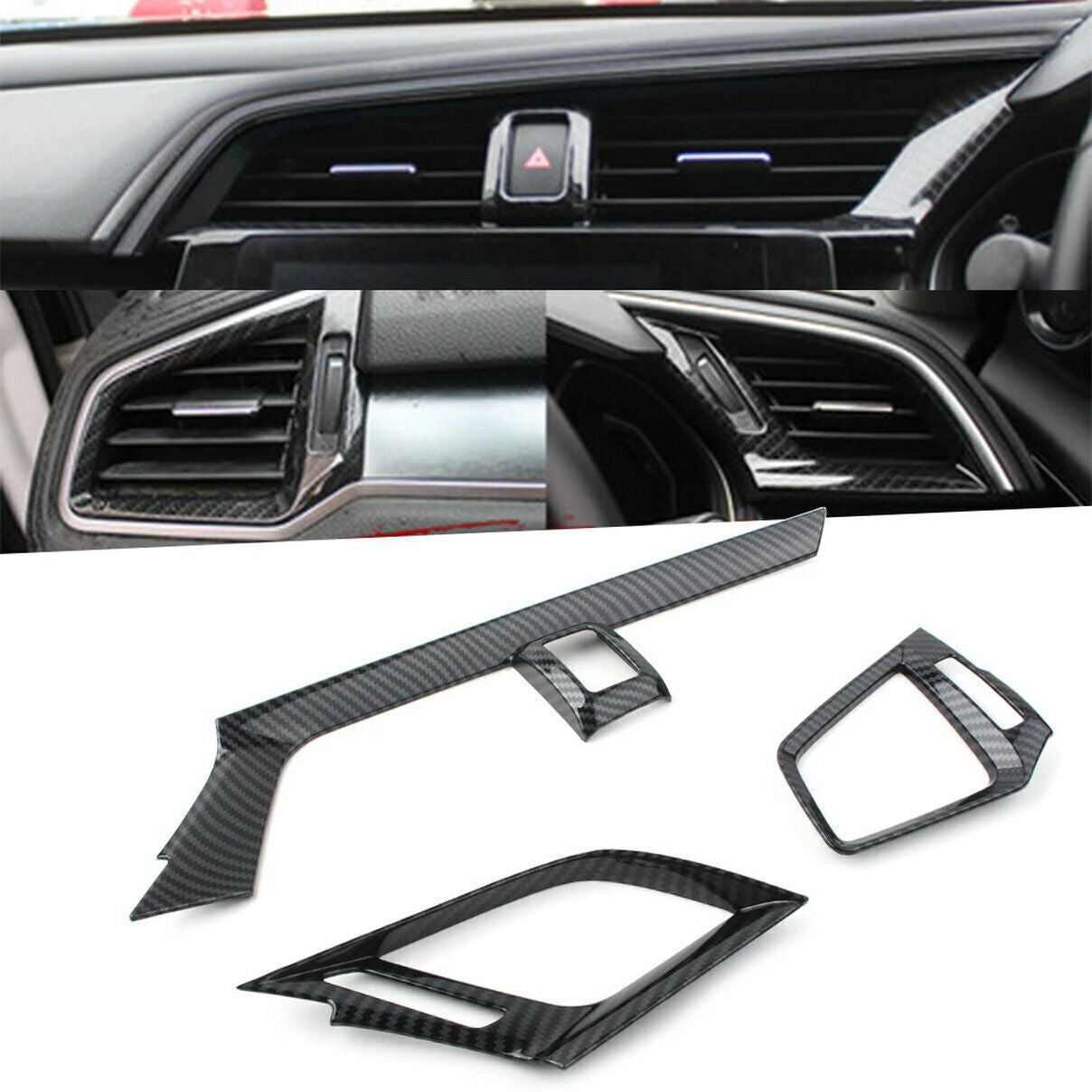 3PCS Carbon Fiber Dashboard Air Vent Moulding Cover Trim for Honda for Civic 2016-21