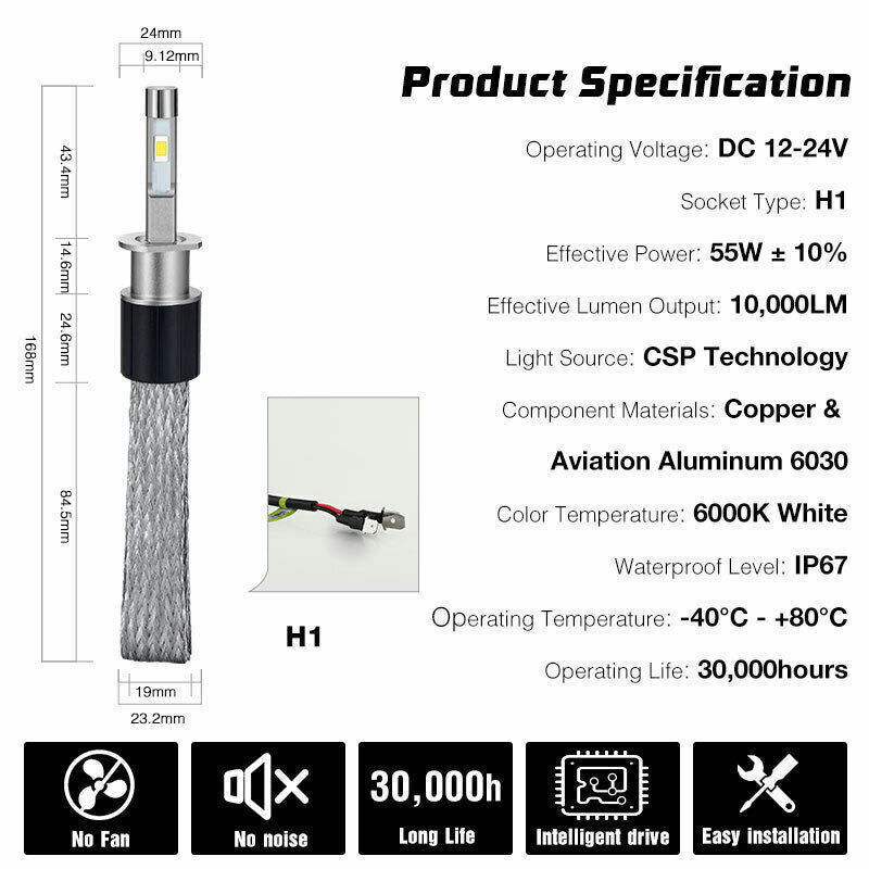 2x 55W 10000LM H1 Canbus LED Headlight Bulb Kit 12V 6000K Xenon White Hi/Lo Beam