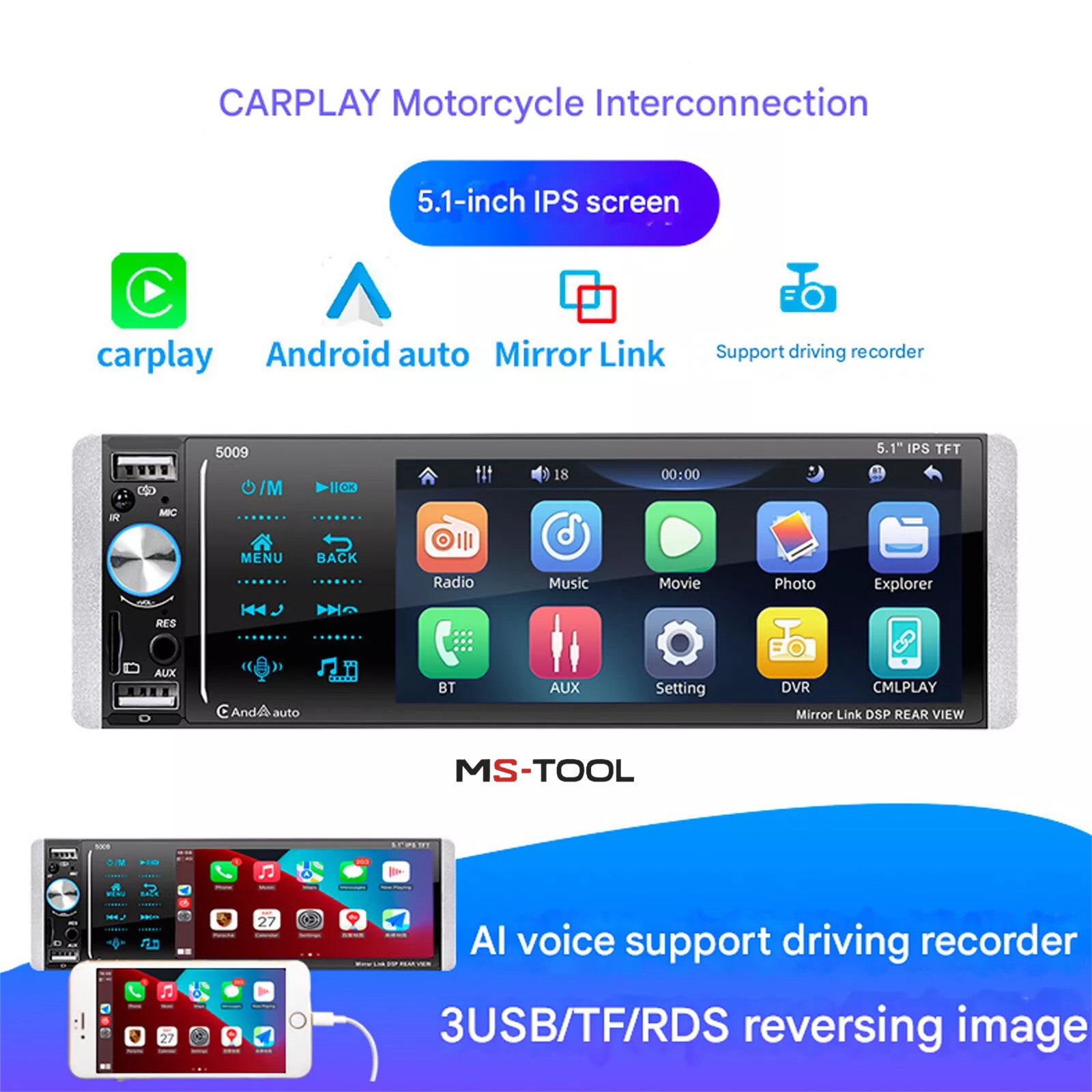 1Din 5.1in Car Radio MP3 USB AUX AM/FM Digital Media Stereo Receiver Mirror LiTU